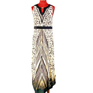 Chico’s Sz 1 (M-8) Casual Maxi Dress Sleeveless Black Beige Embellished Neckline